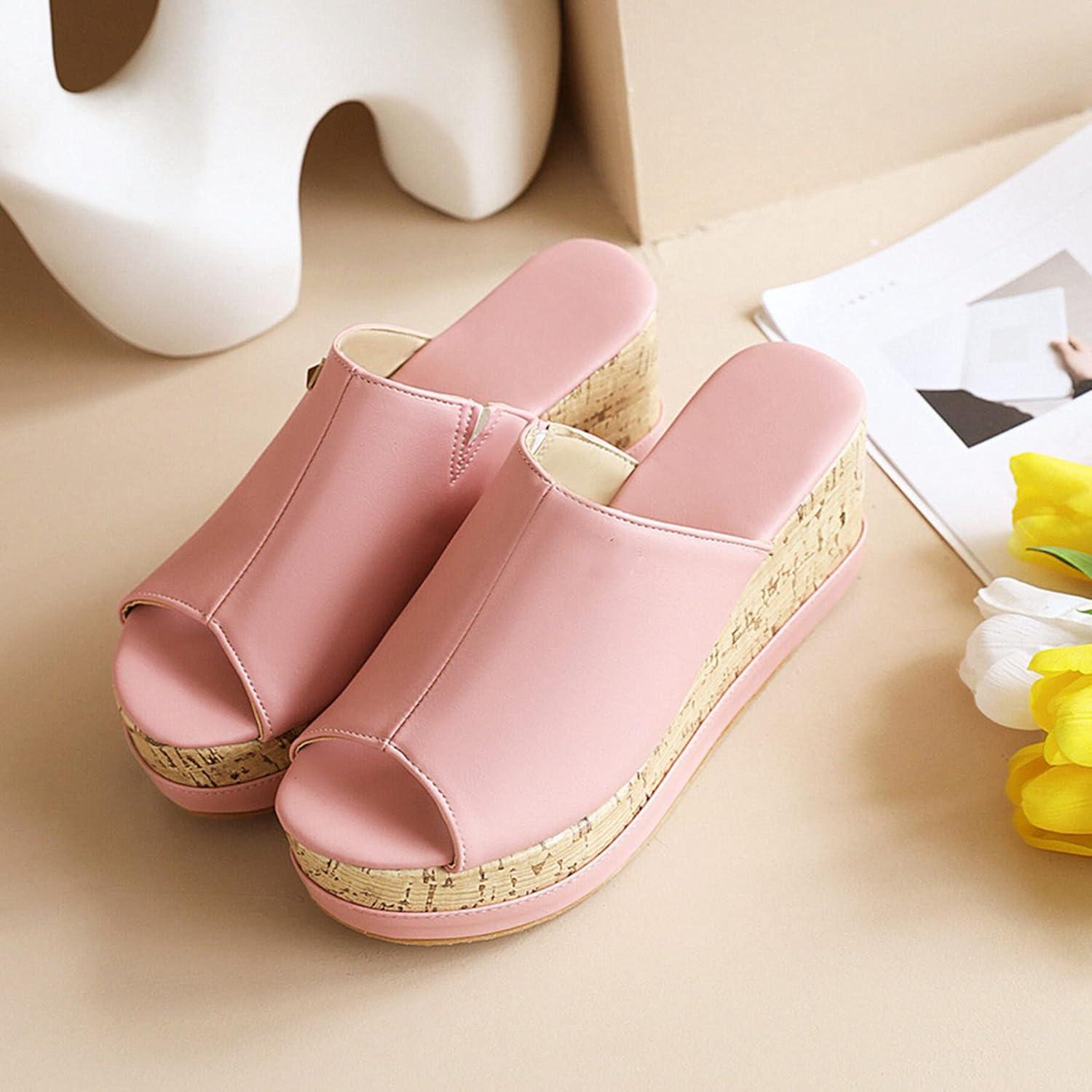 imageSHEMEE Womens Wedge Platform Slippers Peep Toe Mules Sandals Slipon Heeled Summer Slides ShoesPink