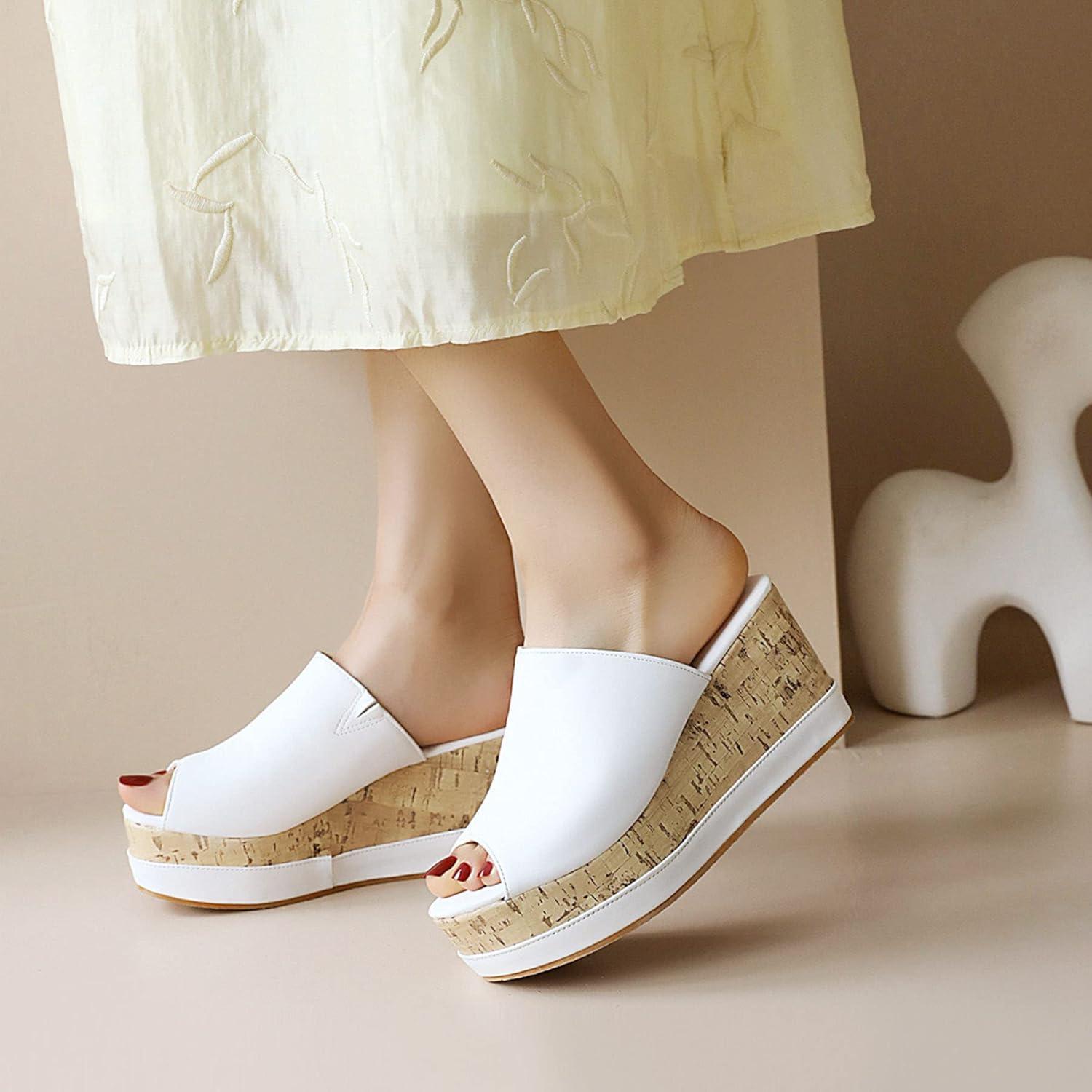 imageSHEMEE Womens Wedge Platform Slippers Peep Toe Mules Sandals Slipon Heeled Summer Slides ShoesWhite