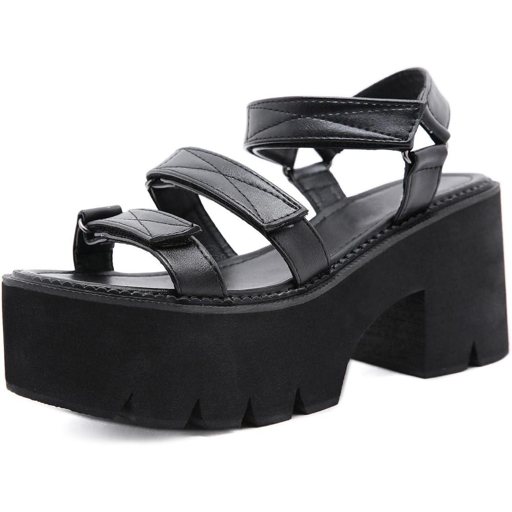imageSHEMEE Chunky Platform Gladiator Roman Sandals Women Black Punk Goth Shoes Multi Strap Lightweight Fisherman Wedge SandalBlack M01 HookLoop