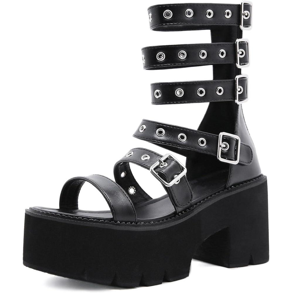 imageSHEMEE Chunky Platform Gladiator Roman Sandals Women Black Punk Goth Shoes Multi Strap Lightweight Fisherman Wedge SandalBlack M03 Zip