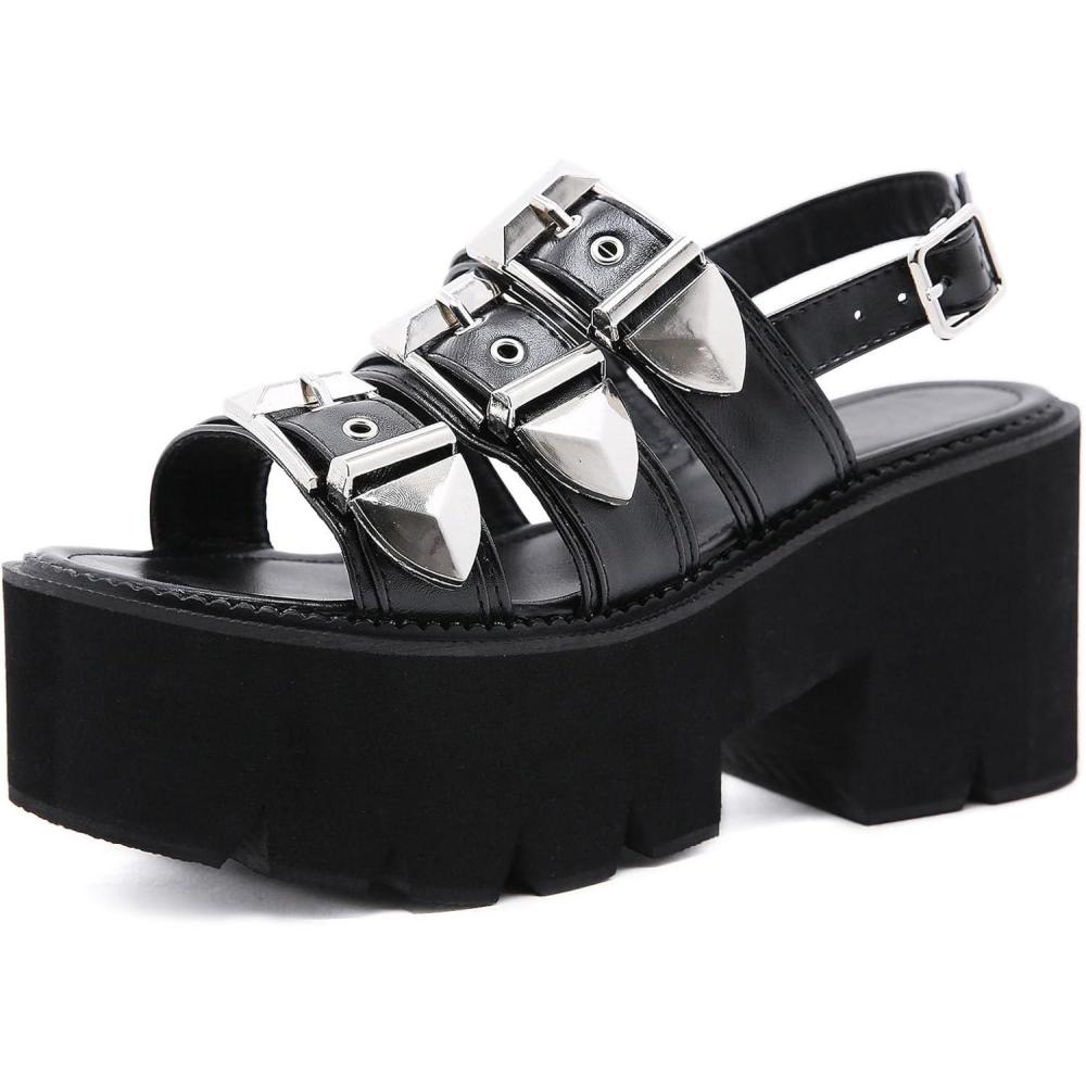 imageSHEMEE Chunky Platform Gladiator Roman Sandals Women Black Punk Goth Shoes Multi Strap Lightweight Fisherman Wedge SandalBlack M05 Buckle