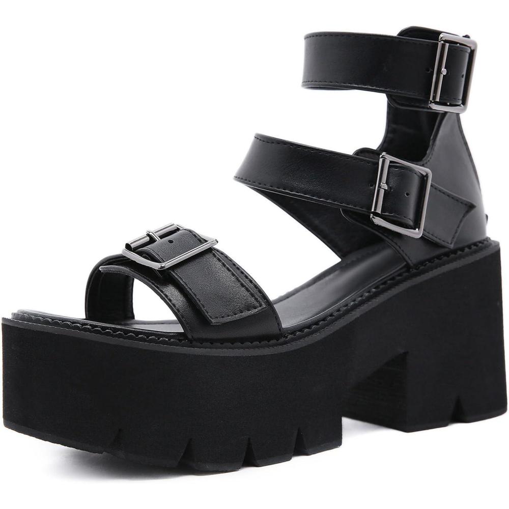 imageSHEMEE Chunky Platform Gladiator Roman Sandals Women Black Punk Goth Shoes Multi Strap Lightweight Fisherman Wedge SandalBlack M06 Zip