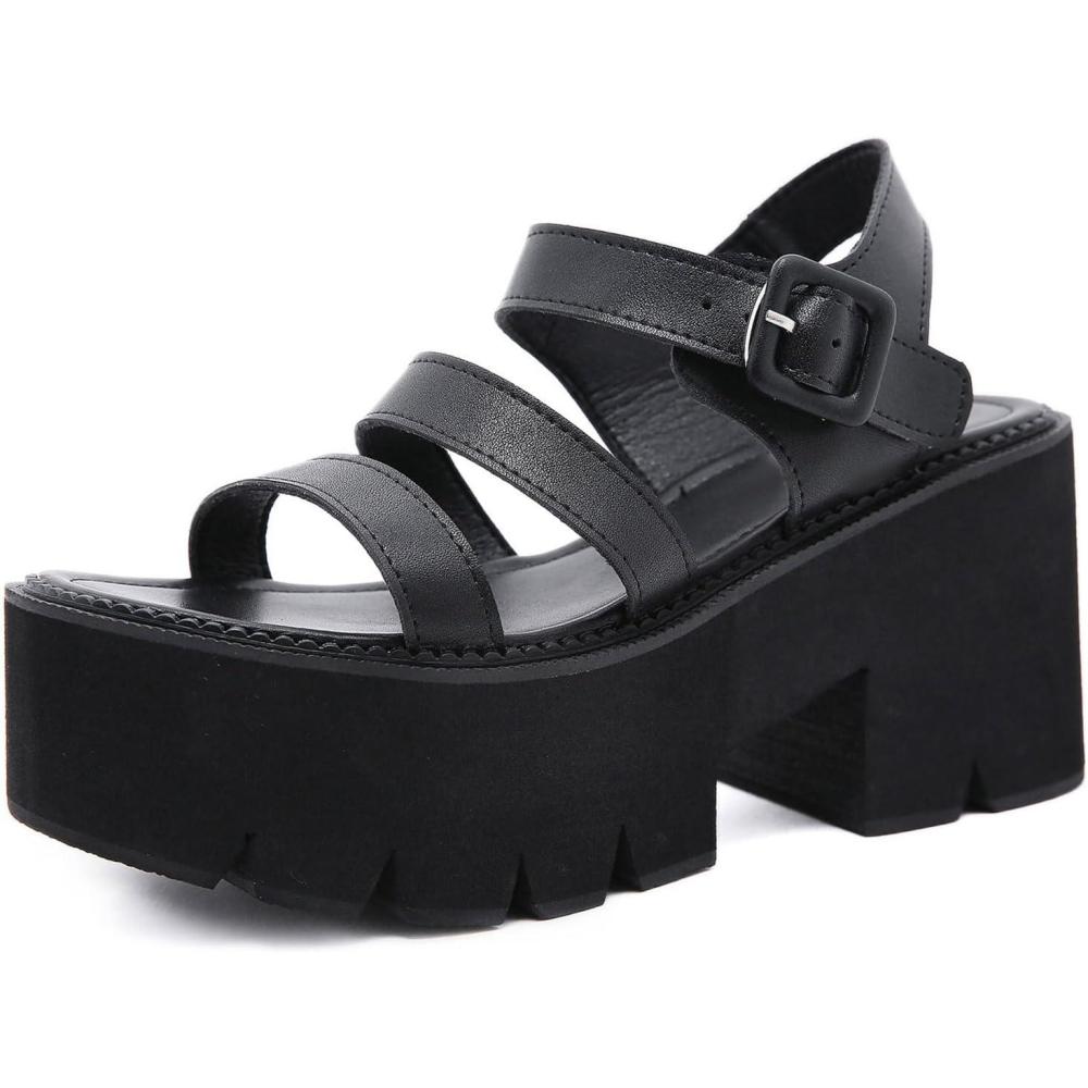 imageSHEMEE Chunky Platform Gladiator Roman Sandals Women Black Punk Goth Shoes Multi Strap Lightweight Fisherman Wedge SandalBlack M07 Buckle