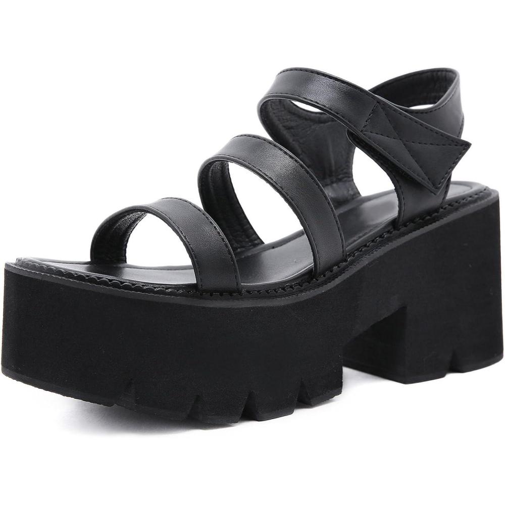 imageSHEMEE Chunky Platform Gladiator Roman Sandals Women Black Punk Goth Shoes Multi Strap Lightweight Fisherman Wedge SandalBlack M08 HookLoop