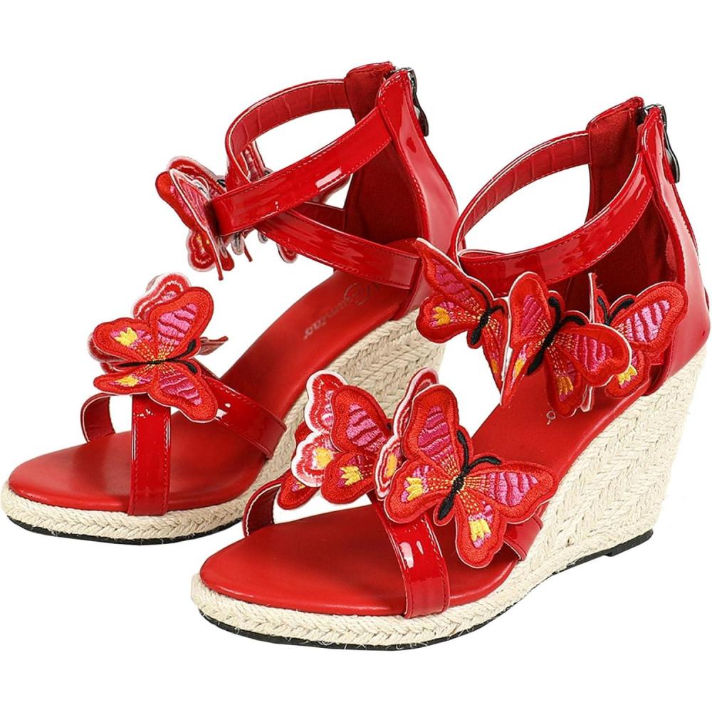 imageSHEMEE Espadrilles Wedge Sandals for Women Embellished Butterfly Platform Heeled Sandals Zipper Cross Strappy High HeelsRed