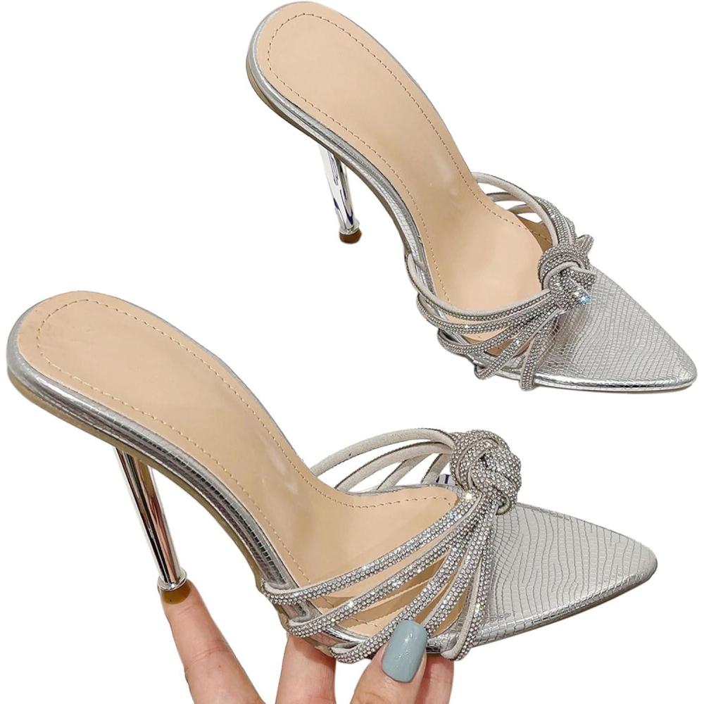 imageSHEMEE Sparkly Rhinestones Heels for Women Pointy Stiletto High Heels Sandals Chic Knot Slide Mules Wedding Dress ShoesSilver