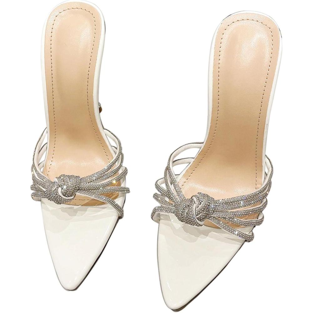 imageSHEMEE Sparkly Rhinestones Heels for Women Pointy Stiletto High Heels Sandals Chic Knot Slide Mules Wedding Dress ShoesWhite