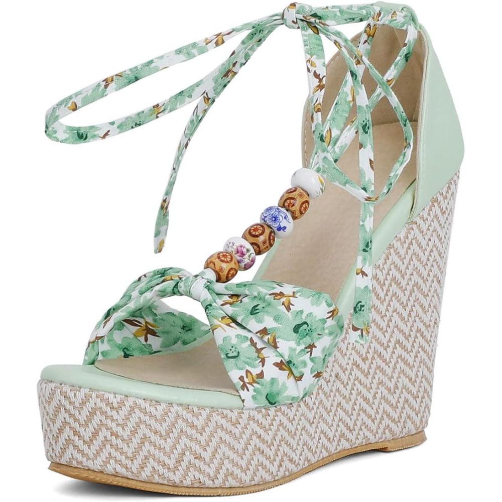 imageSHEMEE Womens Bohemian Beaded Platform Wedge Sandals Tstrap Thong Strappy High Heeled Lace Up Summer ShoesGreen