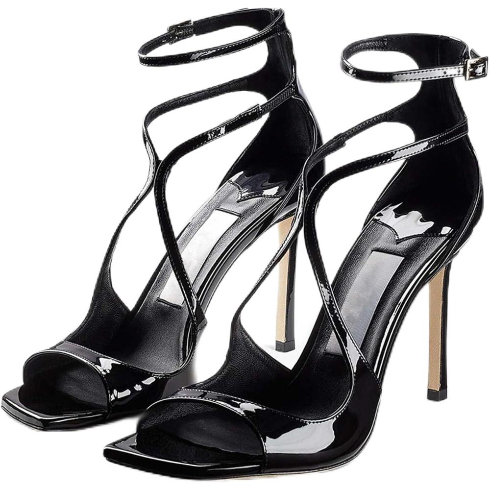 imageSHEMEE Womens Heeled Sandals Fashion Square Open Toe High Heels Ankle Strappy Buckled Sandals Party Dress ShoesPatent Black