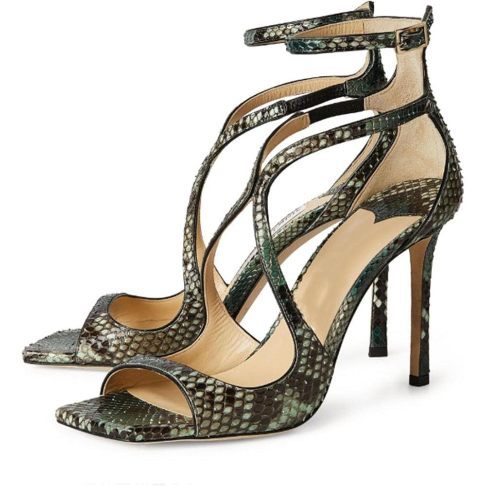 imageSHEMEE Womens Heeled Sandals Fashion Square Open Toe High Heels Ankle Strappy Buckled Sandals Party Dress ShoesSnake Green