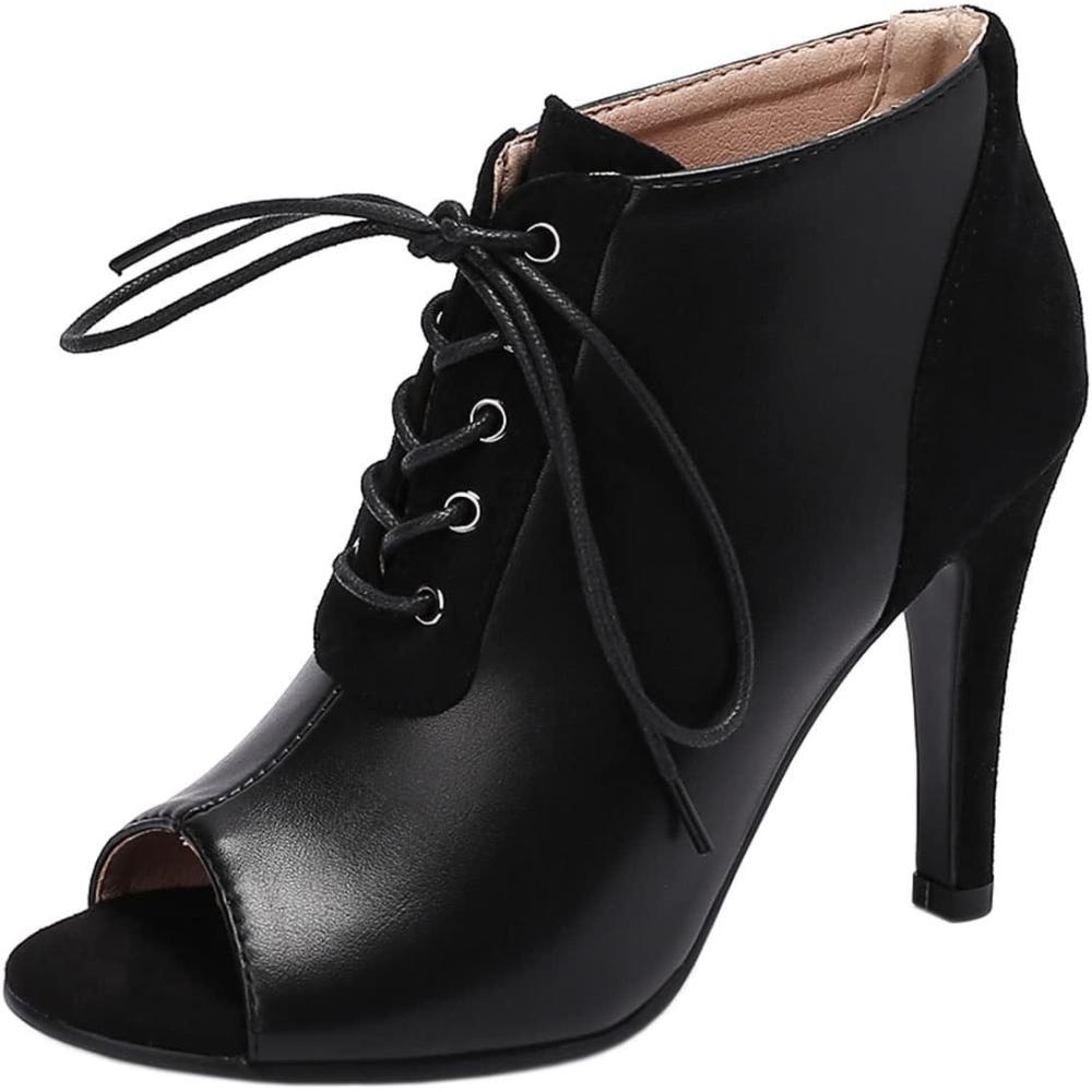 imageSHEMEE Womens Open Peep Toe Sandals Booties Lace Up Stiletto High Heels Ankle Boots Summer Faux Suede and Pu Patchwork Pumps ShoesBlack