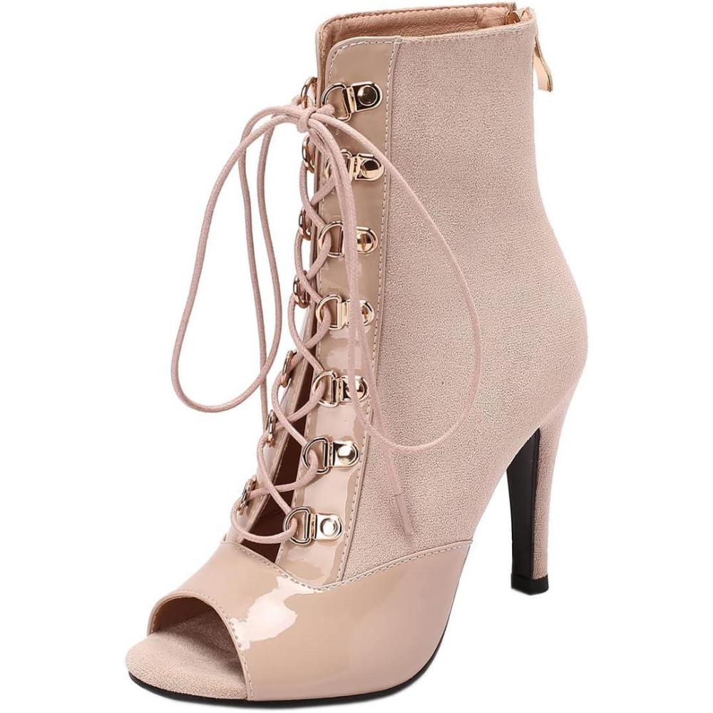 imageSHEMEE Womens Peep Toe Patent Leather High Heels Lace Up Ankle Boots Faux Suede Summer Stilettos Sandals Booties with Back Zip276 Heel Apricot