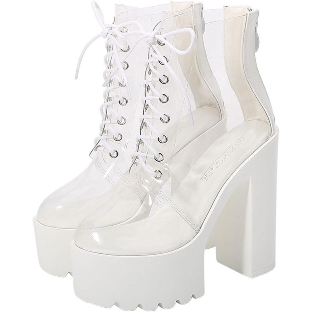 imageSHEMEE Womens Rainbow Platform Ankle Boots Clear Transparent Lace Up High Heels Platform Booties Summer Sandals ShoesWhite