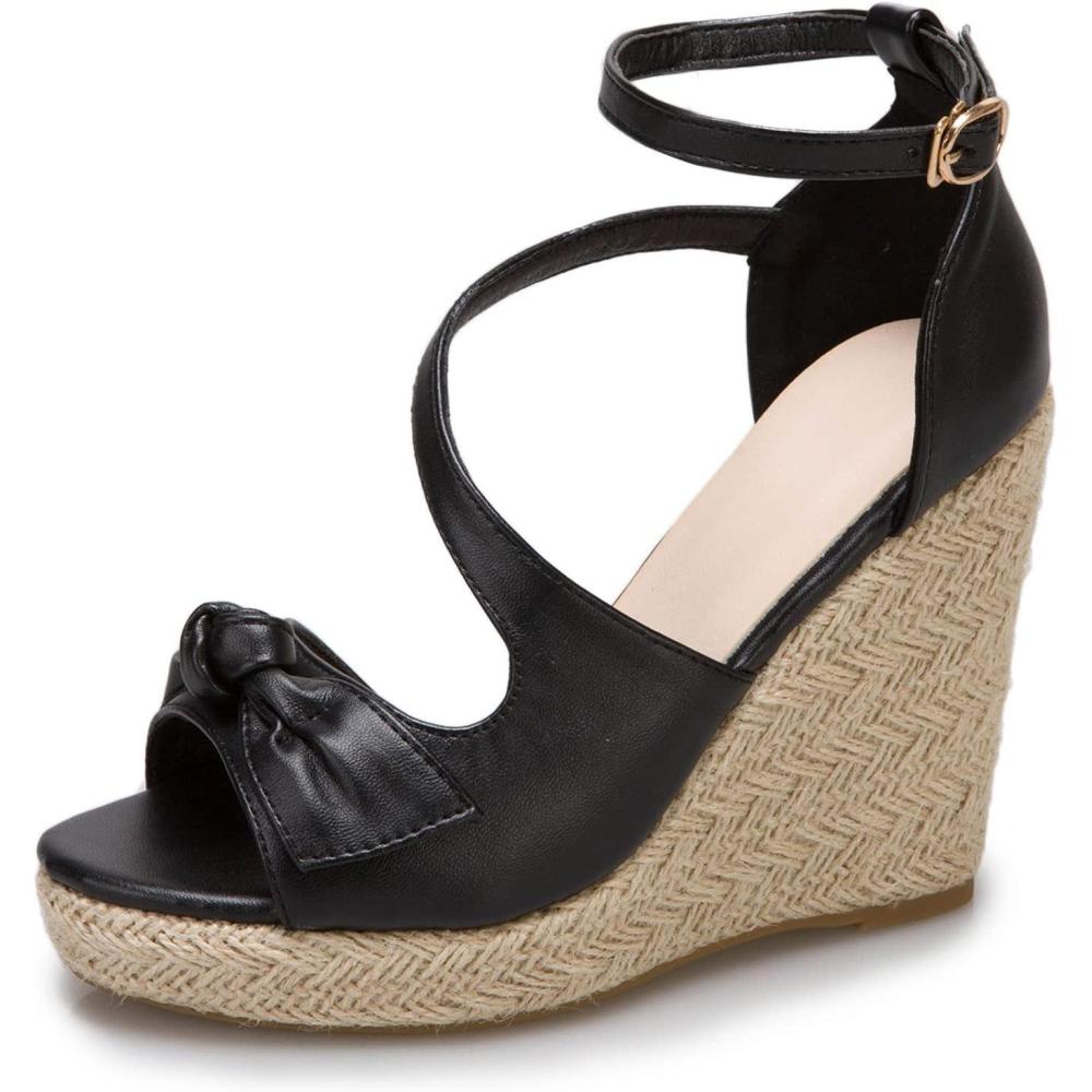 imageSHEMEE Womens Round Open Toe Espadrille Wedge Sandals Platform High Heel Ankle Strap Buckle Bow Sandalias Summer ShoesBlack