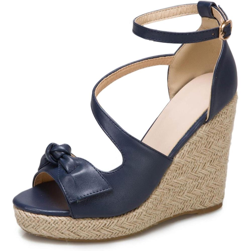 imageSHEMEE Womens Round Open Toe Espadrille Wedge Sandals Platform High Heel Ankle Strap Buckle Bow Sandalias Summer ShoesBlue