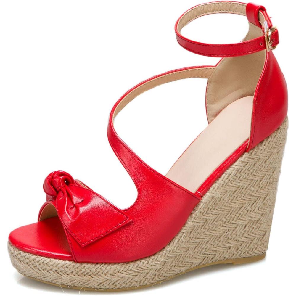 imageSHEMEE Womens Round Open Toe Espadrille Wedge Sandals Platform High Heel Ankle Strap Buckle Bow Sandalias Summer ShoesRed