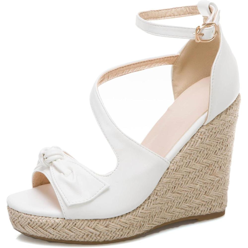 imageSHEMEE Womens Round Open Toe Espadrille Wedge Sandals Platform High Heel Ankle Strap Buckle Bow Sandalias Summer ShoesWhite