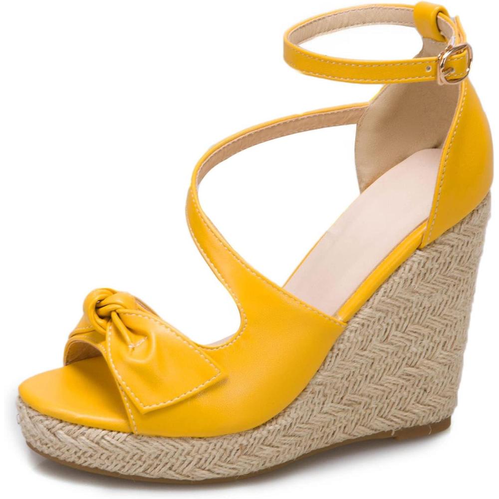 imageSHEMEE Womens Round Open Toe Espadrille Wedge Sandals Platform High Heel Ankle Strap Buckle Bow Sandalias Summer ShoesYellow