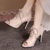 imageSHEMEE Womens Open Peep Toe Sandals Booties Lace Up Stiletto High Heels Ankle Boots Summer Faux Suede and Pu Patchwork Pumps ShoesApricot