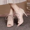 imageSHEMEE Womens Open Peep Toe Sandals Booties Lace Up Stiletto High Heels Ankle Boots Summer Faux Suede and Pu Patchwork Pumps ShoesApricot