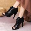 imageSHEMEE Womens Open Peep Toe Sandals Booties Lace Up Stiletto High Heels Ankle Boots Summer Faux Suede and Pu Patchwork Pumps ShoesBlack