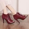 imageSHEMEE Womens Open Peep Toe Sandals Booties Lace Up Stiletto High Heels Ankle Boots Summer Faux Suede and Pu Patchwork Pumps ShoesBurgundy