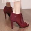imageSHEMEE Womens Open Peep Toe Sandals Booties Lace Up Stiletto High Heels Ankle Boots Summer Faux Suede and Pu Patchwork Pumps ShoesBurgundy
