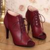 imageSHEMEE Womens Open Peep Toe Sandals Booties Lace Up Stiletto High Heels Ankle Boots Summer Faux Suede and Pu Patchwork Pumps ShoesBurgundy