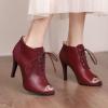 imageSHEMEE Womens Open Peep Toe Sandals Booties Lace Up Stiletto High Heels Ankle Boots Summer Faux Suede and Pu Patchwork Pumps ShoesBurgundy