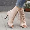 imageSHEMEE Womens Peep Toe Patent Leather High Heels Lace Up Ankle Boots Faux Suede Summer Stilettos Sandals Booties with Back Zip276 Heel Apricot