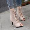imageSHEMEE Womens Peep Toe Patent Leather High Heels Lace Up Ankle Boots Faux Suede Summer Stilettos Sandals Booties with Back Zip276 Heel Apricot
