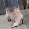 imageSHEMEE Womens Peep Toe Patent Leather High Heels Lace Up Ankle Boots Faux Suede Summer Stilettos Sandals Booties with Back Zip276 Heel Apricot