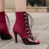 imageSHEMEE Womens Peep Toe Patent Leather High Heels Lace Up Ankle Boots Faux Suede Summer Stilettos Sandals Booties with Back Zip276 Heel Burgundy