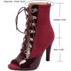 imageSHEMEE Womens Peep Toe Patent Leather High Heels Lace Up Ankle Boots Faux Suede Summer Stilettos Sandals Booties with Back Zip276 Heel Burgundy