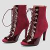 imageSHEMEE Womens Peep Toe Patent Leather High Heels Lace Up Ankle Boots Faux Suede Summer Stilettos Sandals Booties with Back Zip276 Heel Burgundy