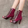 imageSHEMEE Womens Peep Toe Patent Leather High Heels Lace Up Ankle Boots Faux Suede Summer Stilettos Sandals Booties with Back Zip276 Heel Burgundy