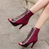 imageSHEMEE Womens Peep Toe Patent Leather High Heels Lace Up Ankle Boots Faux Suede Summer Stilettos Sandals Booties with Back Zip276 Heel Burgundy