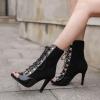 imageSHEMEE Womens Peep Toe Patent Leather High Heels Lace Up Ankle Boots Faux Suede Summer Stilettos Sandals Booties with Back Zip7cm Black