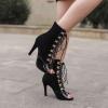imageSHEMEE Womens Peep Toe Patent Leather High Heels Lace Up Ankle Boots Faux Suede Summer Stilettos Sandals Booties with Back Zip95cm Black