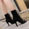 imageSHEMEE Womens Peep Toe Patent Leather High Heels Lace Up Ankle Boots Faux Suede Summer Stilettos Sandals Booties with Back Zip95cm Black
