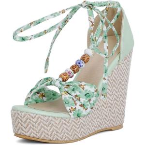 imageSHEMEE Womens Bohemian Beaded Platform Wedge Sandals Tstrap Thong Strappy High Heeled Lace Up Summer ShoesGreen