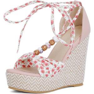 imageSHEMEE Womens Bohemian Beaded Platform Wedge Sandals Tstrap Thong Strappy High Heeled Lace Up Summer ShoesPink