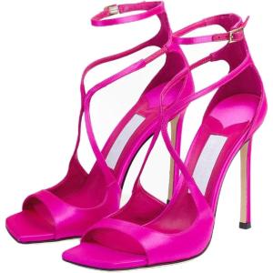 imageSHEMEE Womens Heeled Sandals Fashion Square Open Toe High Heels Ankle Strappy Buckled Sandals Party Dress ShoesSatin Hotpink