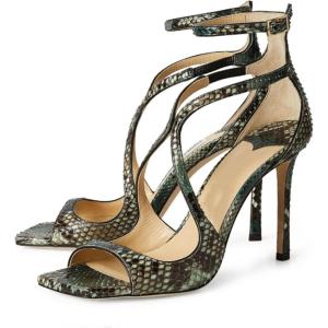 imageSHEMEE Womens Heeled Sandals Fashion Square Open Toe High Heels Ankle Strappy Buckled Sandals Party Dress ShoesSnake Green