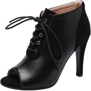 imageSHEMEE Womens Open Peep Toe Sandals Booties Lace Up Stiletto High Heels Ankle Boots Summer Faux Suede and Pu Patchwork Pumps ShoesBlack