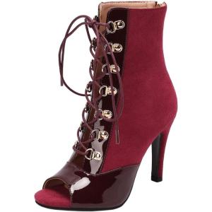 imageSHEMEE Womens Peep Toe Patent Leather High Heels Lace Up Ankle Boots Faux Suede Summer Stilettos Sandals Booties with Back Zip276 Heel Burgundy