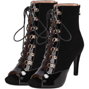 imageSHEMEE Womens Peep Toe Patent Leather High Heels Lace Up Ankle Boots Faux Suede Summer Stilettos Sandals Booties with Back Zip95cm Black