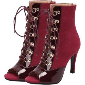 imageSHEMEE Womens Peep Toe Patent Leather High Heels Lace Up Ankle Boots Faux Suede Summer Stilettos Sandals Booties with Back Zip95cm Burgundy