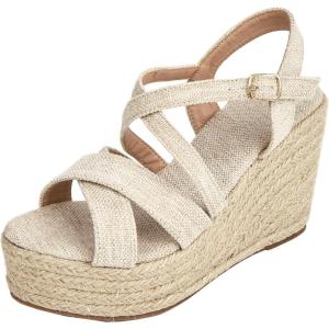 imageSHEMEE Womens Platform Wedges Sandals Espadrilles High Heeled Sandals Ankle Cross Strappy Buckled Summer ShoesApricot