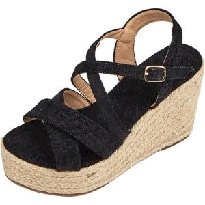 imageSHEMEE Womens Platform Wedges Sandals Espadrilles High Heeled Sandals Ankle Cross Strappy Buckled Summer ShoesBlack